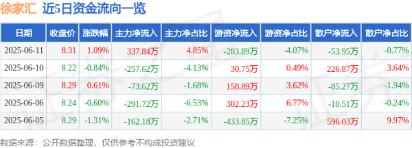 天天盈 股票行情快报：徐家汇（002561）6月11日主力资金净买入337.84万元